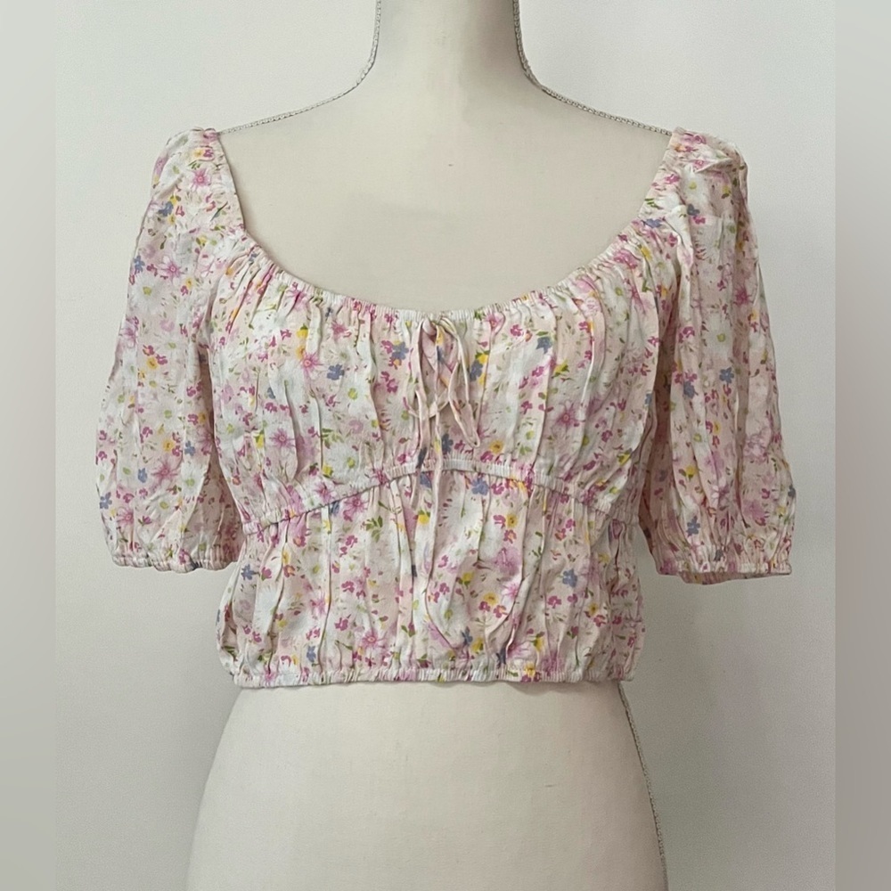 Elodie / Anthropologie Women's Floral Ruffle Sleeves Crop Top Pink Size XL
